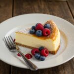 Deliciously served slice of Basque cheesecake, showcasing its creamy texture and rich flavor, perfect for dessert lovers.
