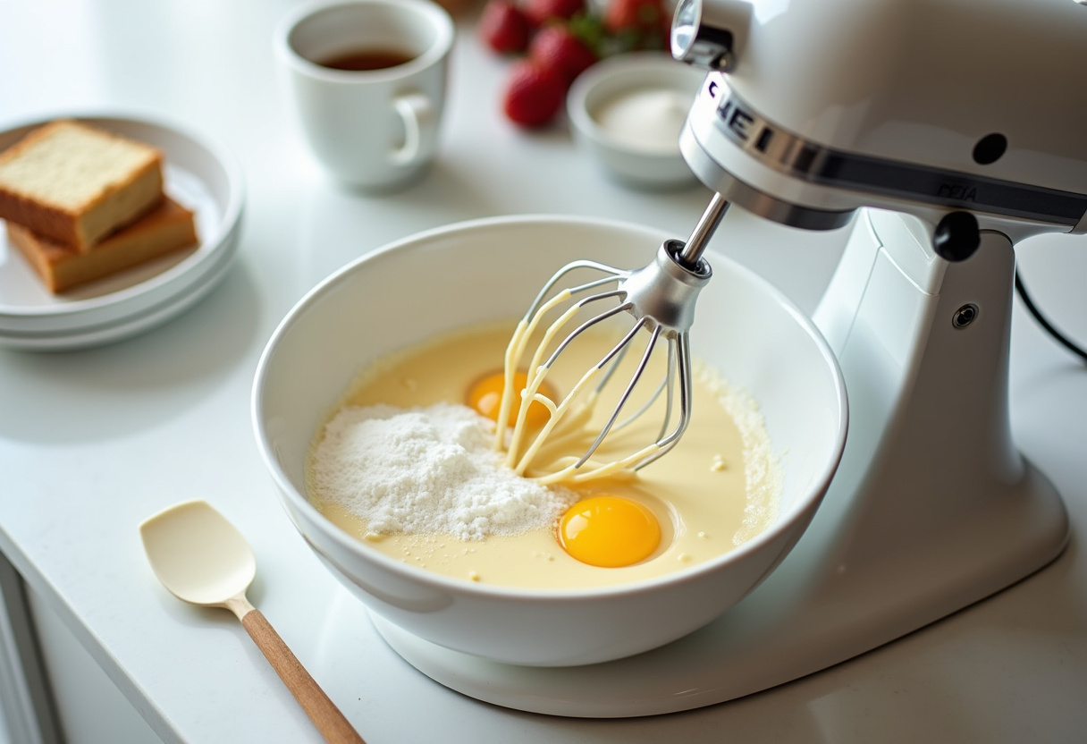 Making Basque cheesecake by blending cream cheese, sugar, and eggs for a smooth batter.