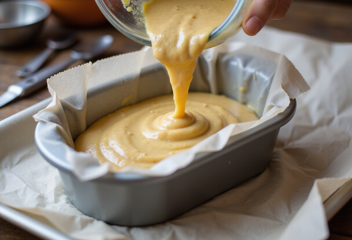 Pouring the cheesecake batter into a loaf pan for an authentic Basque cheesecake recipe.