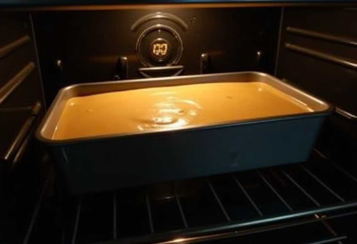 Baking the Basque cheesecake in the oven until it achieves a perfect golden-brown top for a rich flavor.