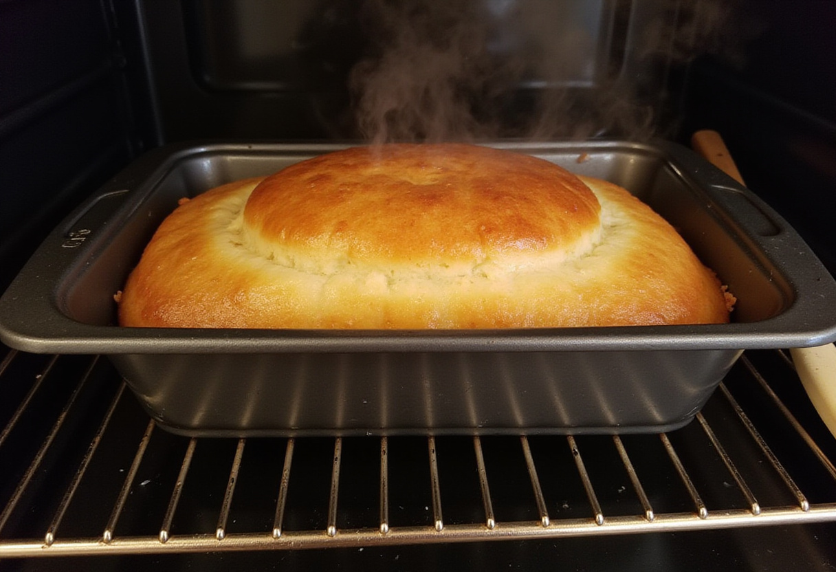 Cooling the golden Basque cheesecake from a loaf pan before serving, capturing its homemade essence.