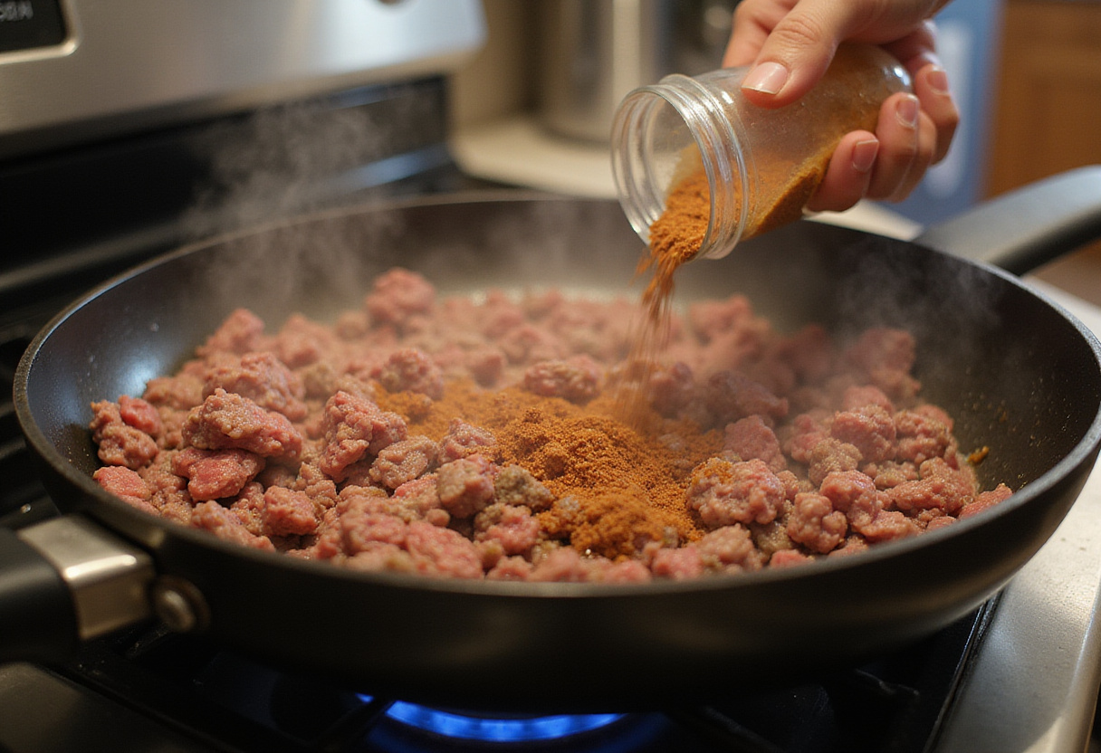 Cooking ground beef for Philly Cheesesteak Bowls - flavorful low-carb dinner in progress.