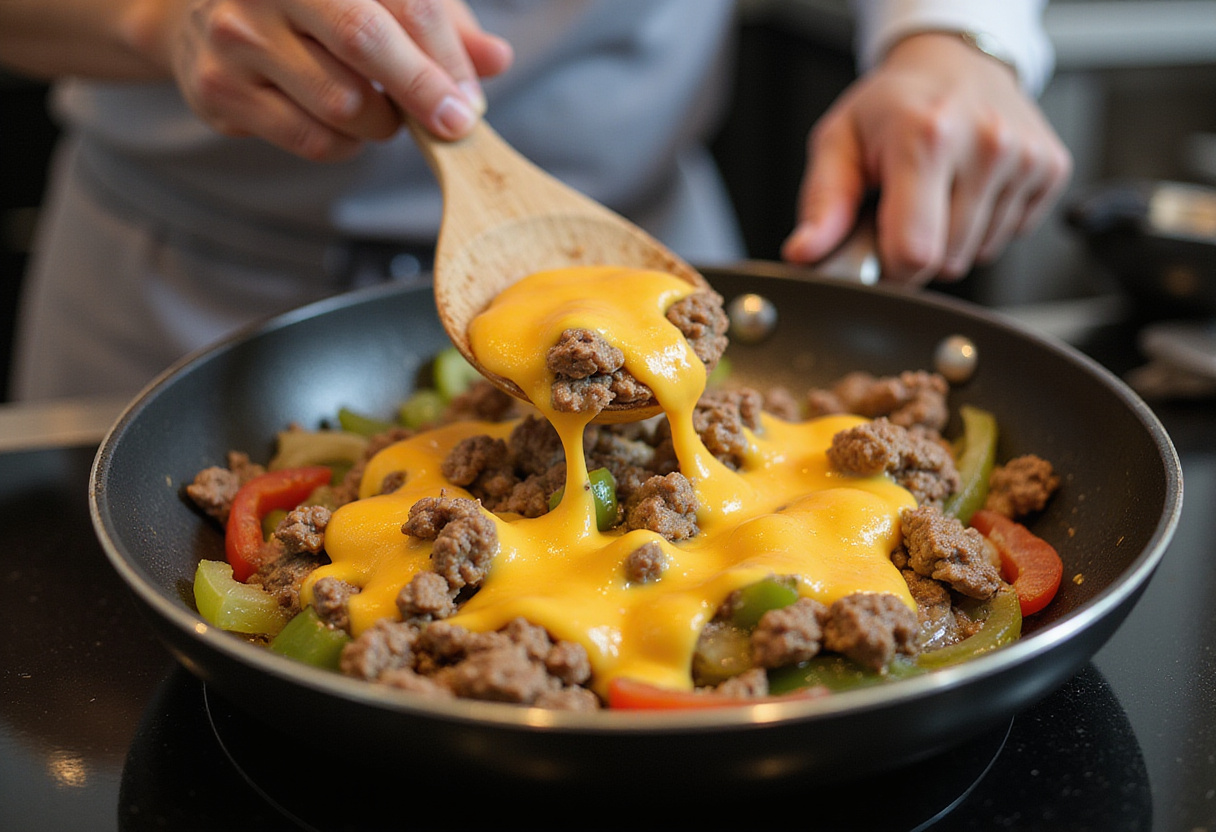 Combining ground beef with vegetables and cheese for delicious Philly Cheesesteak Bowls - low-carb dinner cooking.