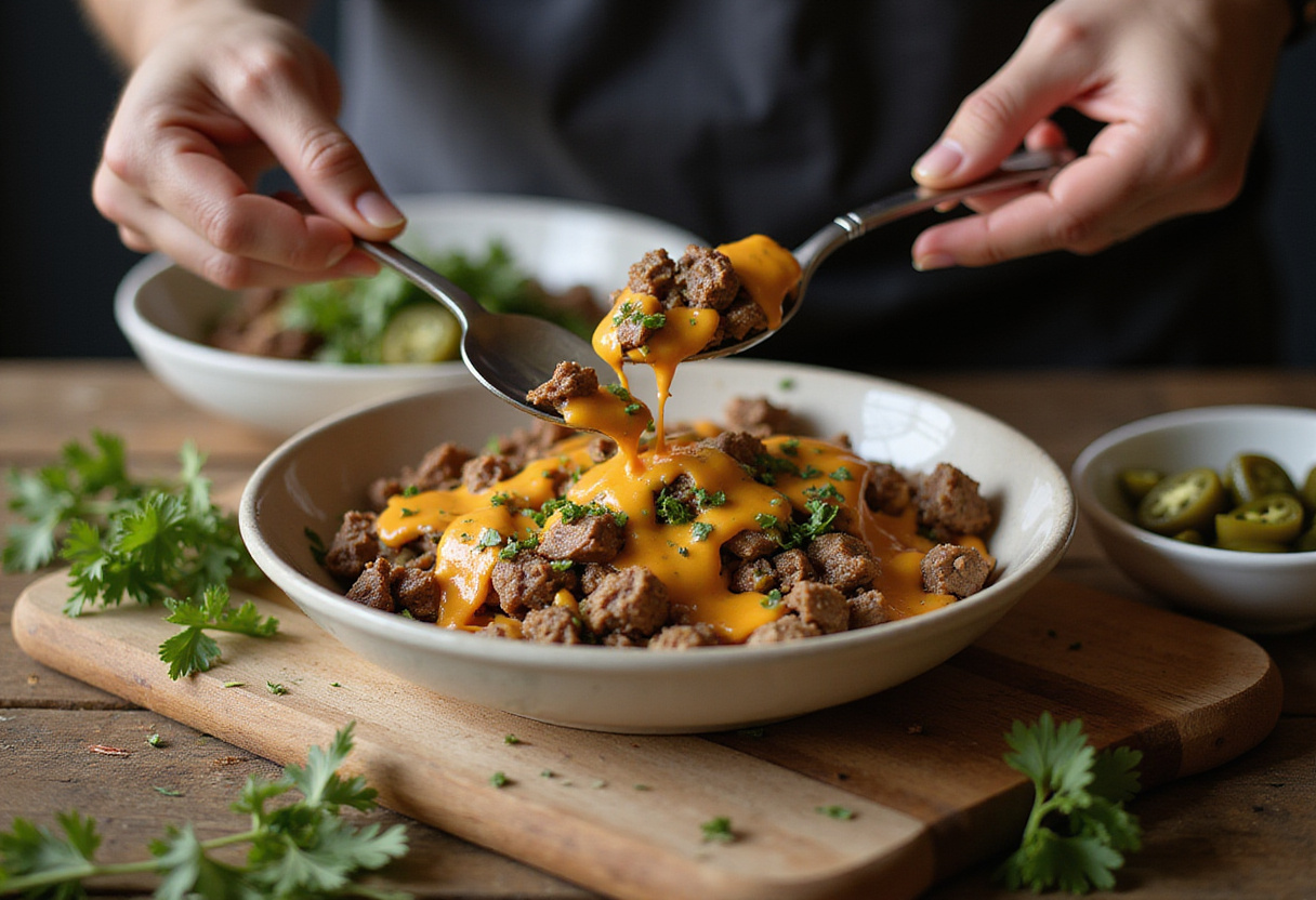 Serving Philly Cheesesteak Bowl mixture into bowls - quick low-carb dinner presentation.
