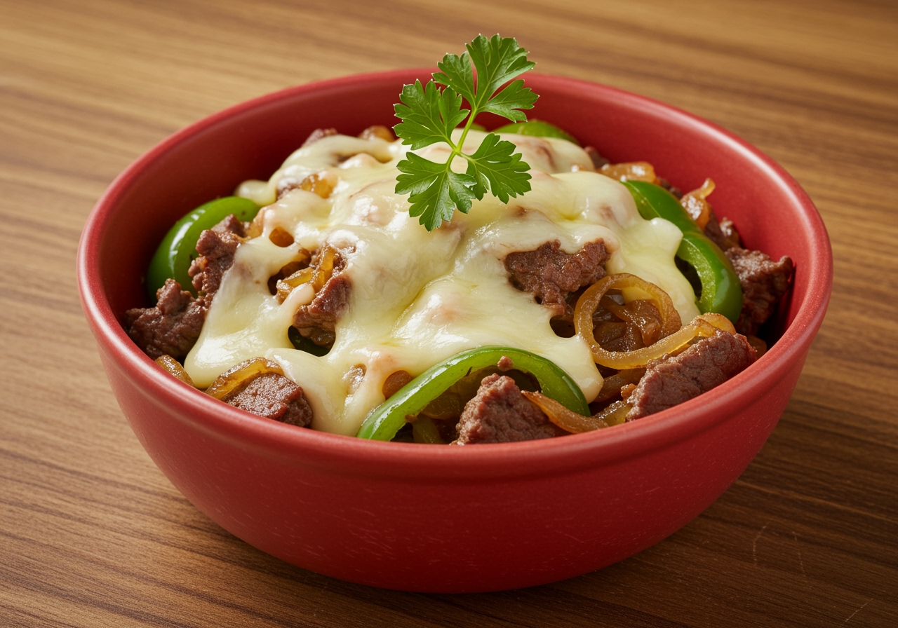 Finished Philly Cheesesteak Bowls - quick and low-carb dinner ready to serve.
