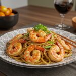 Delicious shrimp stir fry with noodles beautifully presented on a plate, ideal for a vibrant dinner meal.