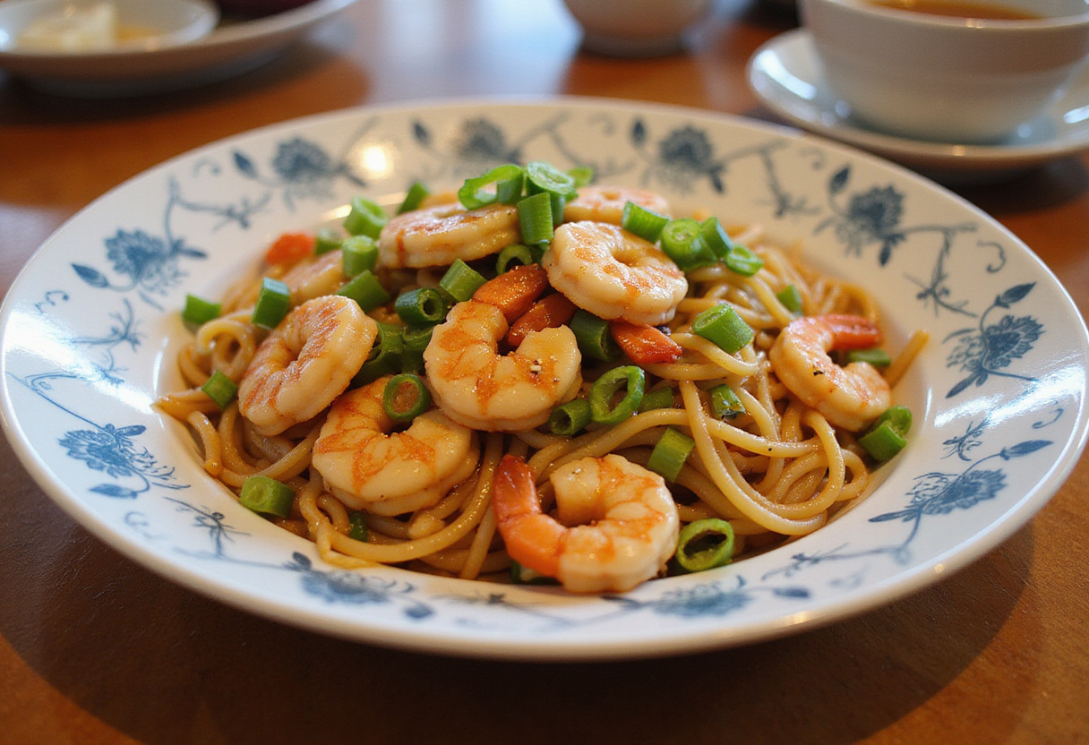 Delicious shrimp stir fry with noodles beautifully presented on a plate, ideal for a vibrant dinner meal.