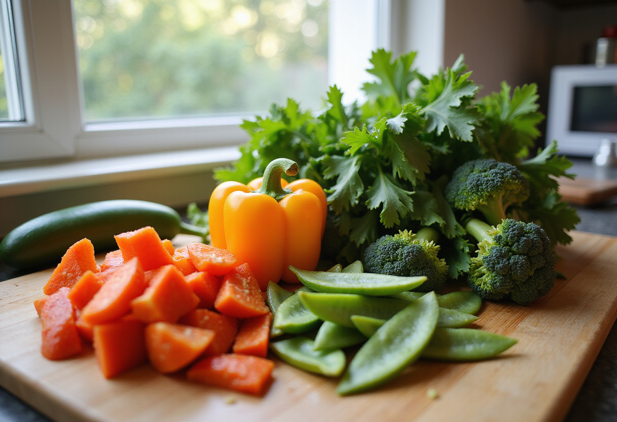 Fresh vegetables being chopped for shrimp stir fry, showcasing bell peppers, broccoli, and snap peas ideal for a healthy meal.