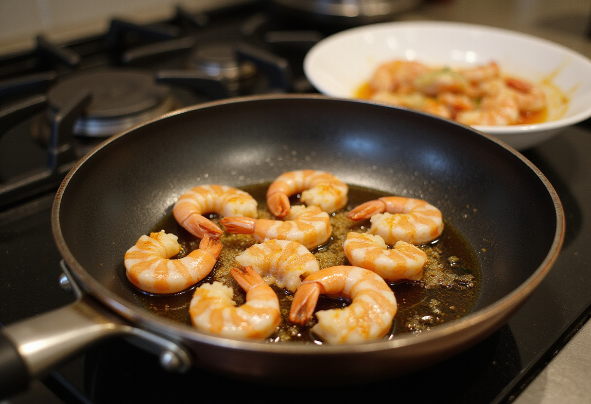 Marinated shrimp with soy sauce and garlic ready for cooking in a pan, perfect for shrimp stir fry.