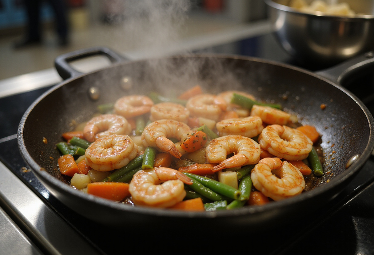 Shrimp and vegetables stir-frying in a hot pan, creating a delightful aroma in the kitchen for a tasty meal.
