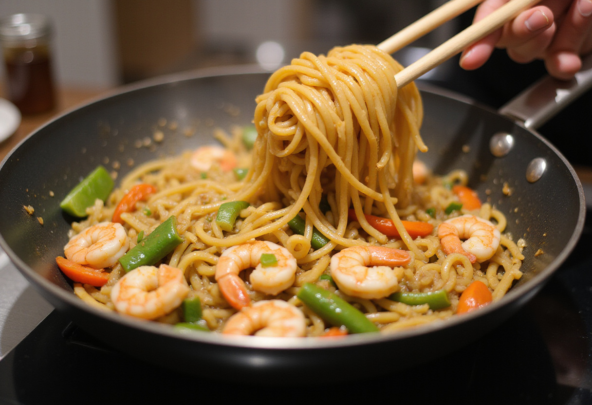 Noodles being added to shrimp stir fry, showcasing the delicious blending of ingredients for a hearty dish.
