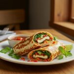 Serving sweet chili halloumi wraps with dipping sauce, presenting a delicious and appetizing final dish.