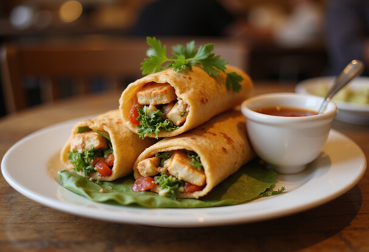 Serving sweet chili halloumi wraps with dipping sauce, presenting a delicious and appetizing final dish, ready to serve.