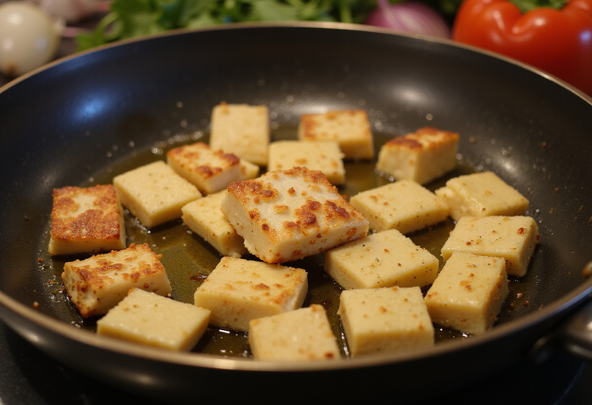 Sautéing halloumi cheese for sweet chili halloumi wraps, showcasing golden crust and colorful vegetables, ensuring perfect grilling.