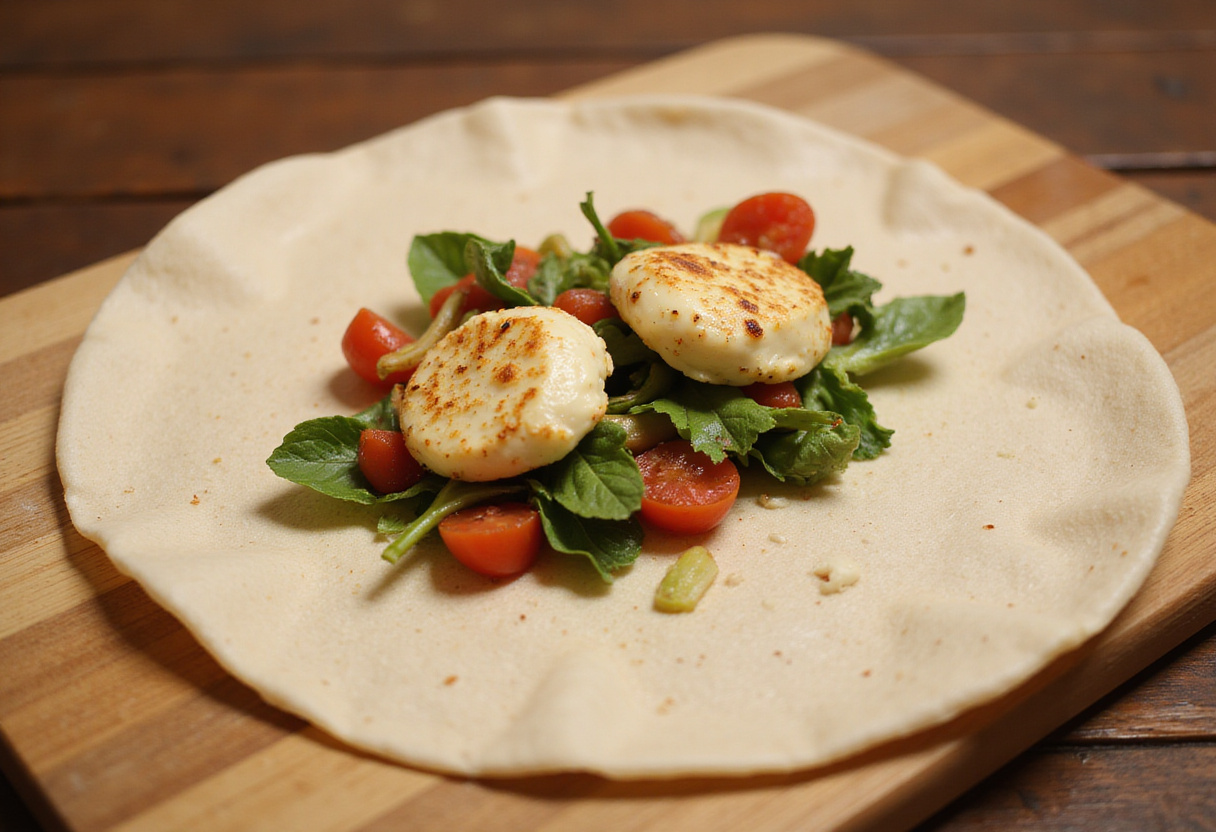 Assembling sweet chili halloumi wraps assembling the sweet chili halloumi wraps with care and attention to detail, creating an appettizing dish. 