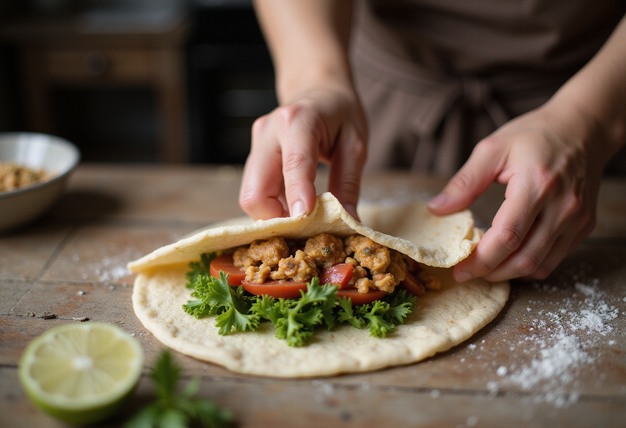 Wrapping sweet chili halloumi wraps tightly and neatly, showcasing the delicious ingredients inside.