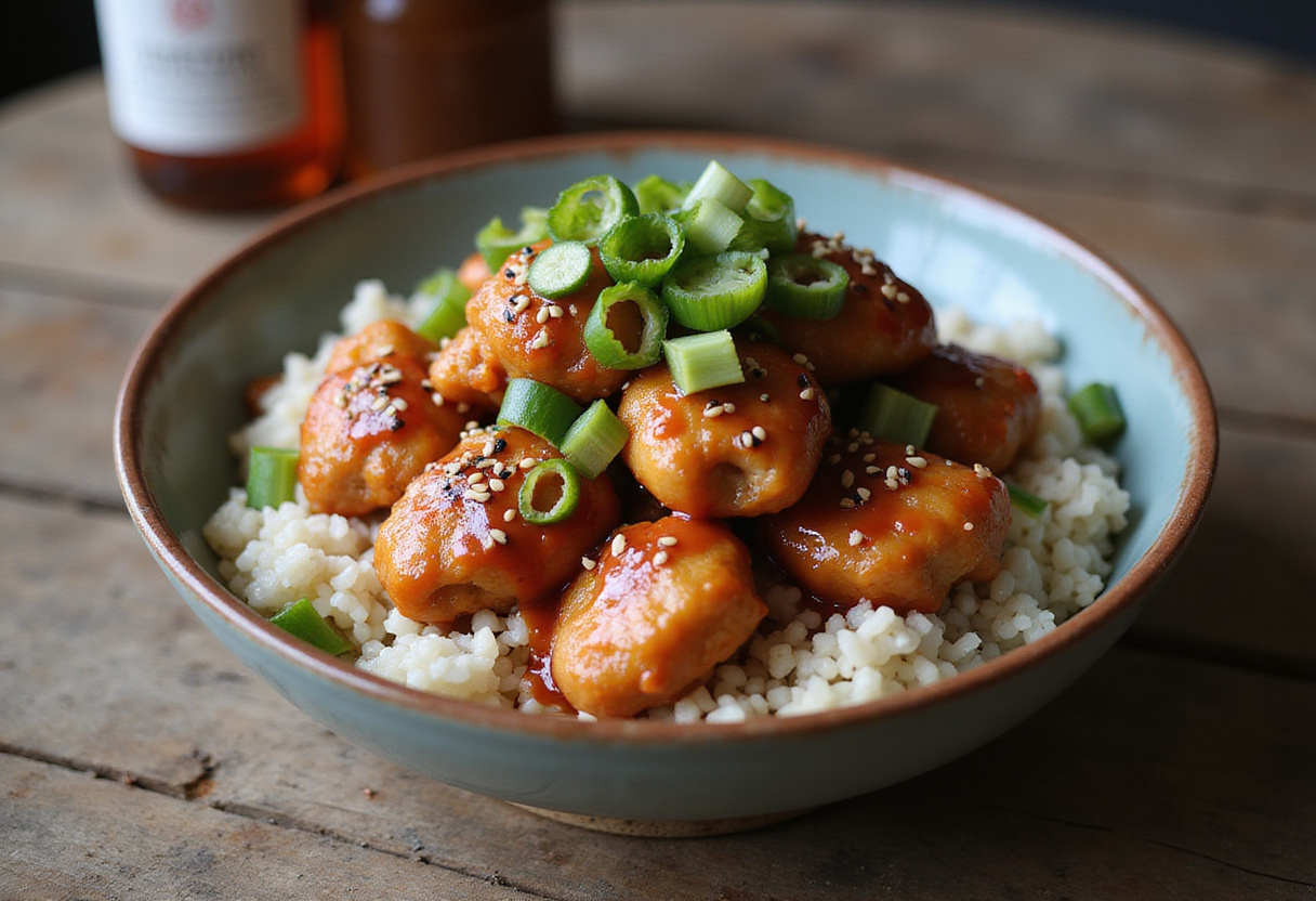 Final presentation of the BEST Bang Bang Chicken Bowl featuring crispy chicken, creamy sauce, and rice, artfully garnished for a delicious meal.