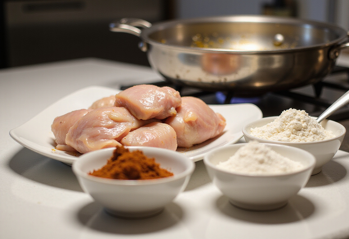 Ingredients for the BEST Bang Bang Chicken Bowl including boneless chicken, flour, cornstarch, and spices in a bright kitchen.