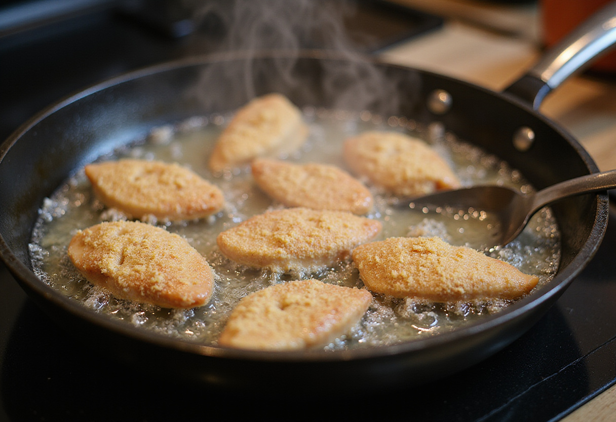 Frying chicken for the BEST Bang Bang Chicken Bowl, showcasing crispy pieces in hot oil with steam for deliciousness.