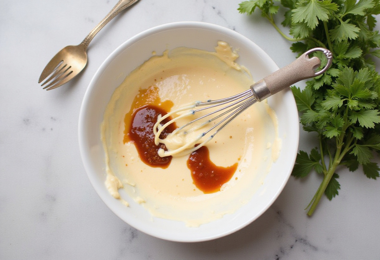 Preparing the creamy sauce for the BEST Bang Bang Chicken Bowl with mayonnaise and chili sauce being whisked together in a mixing bowl.