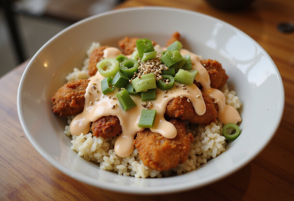 Assembling the BEST Bang Bang Chicken Bowl with rice, crispy chicken, and creamy sauce, beautifully garnished with green onions.