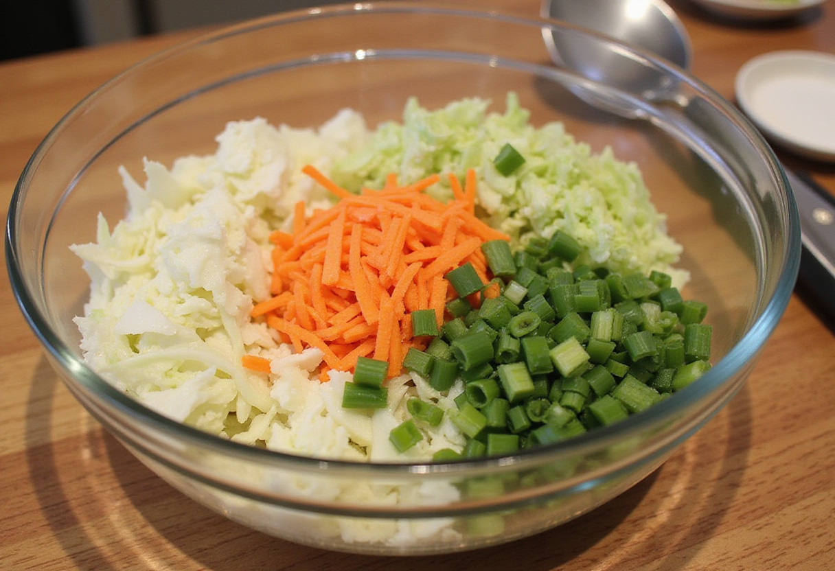 Fresh ingredients for egg roll filling, including cabbage, carrots, and green onions in a mixing bowl, perfect for the BEST Egg Roll in a Bowl Recipe.
