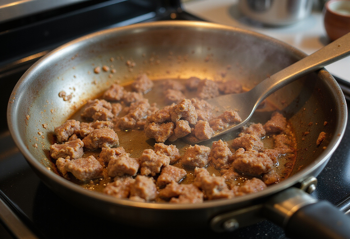 Ground pork cooking in a skillet for egg roll filling in the BEST Egg Roll in a Bowl Recipe, showcasing delicious browning for flavor.