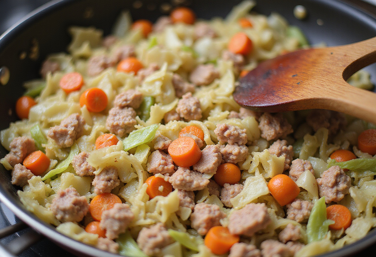 Blended pork and vegetable filling in a skillet for the BEST Egg Roll in a Bowl Recipe, illustrating a colorful mixture ready to serve.