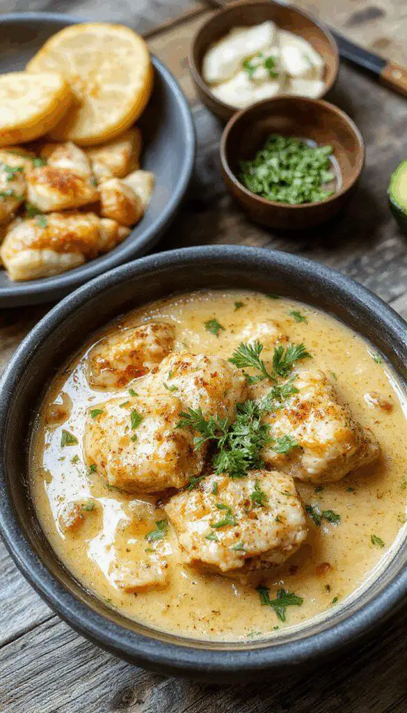 A vibrant plate of authentic Indian butter chicken featuring tender, cream-colored chicken pieces submerged in rich, orange-brown sauce, garnished with fresh cilantro. The dish is presented with a serving of fluffy basmati rice and a side of warm, flaky naan bread, arranged on an elegant white ceramic plate. The sauce's glossy texture reflects light, highlighting its luscious creaminess, while the herbs add a pop of green contrast to the inviting, flavorful presentation.
