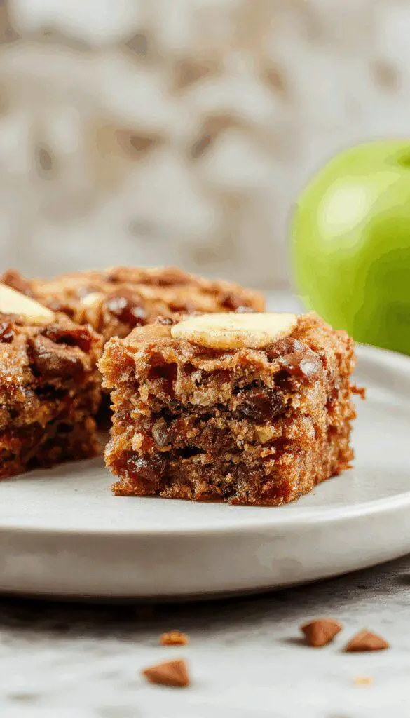 A slice of moist apple spice cake with a warm golden-brown crumb, topped with a dusting of cinnamon and nestled on a rustic white plate. The cake reveals tender bits of spiced apple, with a slightly textured topping and a hint of caramelization around the edges, set against a softly blurred background that emphasizes its inviting, homemade appeal.