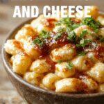 A close-up of a steaming bowl of BBQ chicken mac and cheese, showcasing melted golden cheese atop tender pasta, garnished with chopped herbs, and topped with sliced grilled chicken pieces. The dish is served in a rustic white bowl on a wooden table, with a sprinkle of fresh herbs around it.