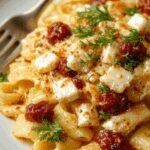 A close-up of a baked feta pasta dish featuring a creamy, golden-brown feta cheese sitting atop al dente pasta, garnished with fresh herbs and drizzled with a spicy honey glaze. The pasta is presented in a rustic white bowl with steam gently rising, highlighting the rich textures and colorful ingredients.