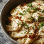 A creamy plate of Marry Me Chicken Pasta featuring tender chicken pieces coated in a rich, cheesy sauce, garnished with crispy bacon bits and fresh herbs, beautifully plated with spaghetti noodles on a rustic wooden table.