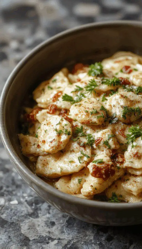 A creamy plate of Marry Me Chicken Pasta featuring tender chicken pieces coated in a rich, cheesy sauce, garnished with crispy bacon bits and fresh herbs, beautifully plated with spaghetti noodles on a rustic wooden table.